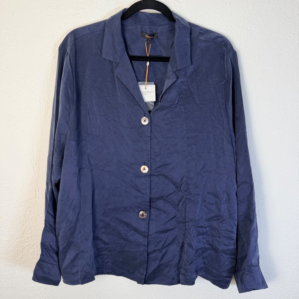 NEW Quince Women L 100% Washable Silk Pajama Long Sleeve Top Indigo Blue